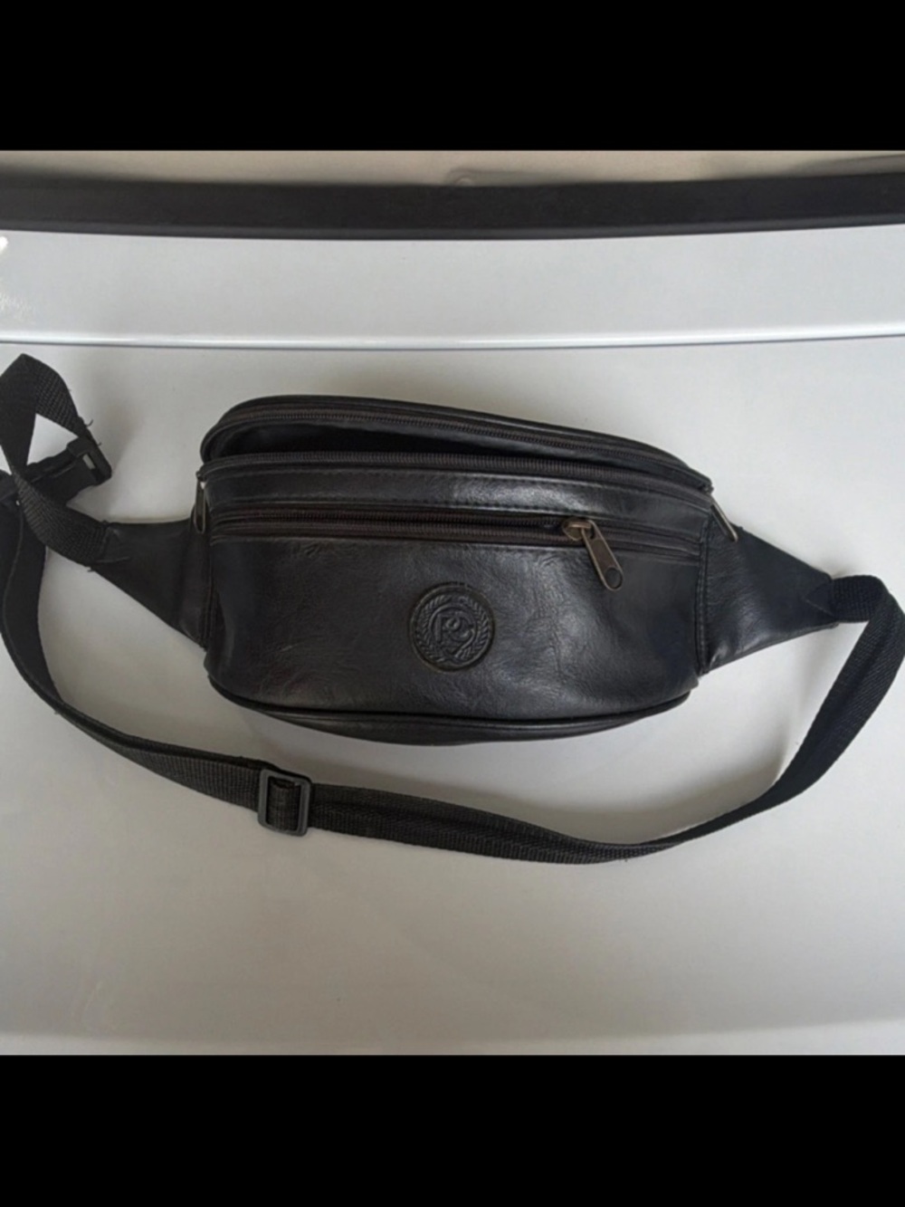 Vintage Black Leather Waist Bag with Front Zip Pocket